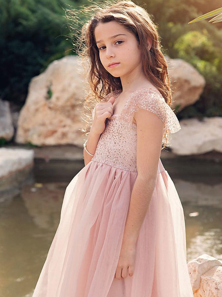Cameo Brown Jewel Neck Ankle-Length A-Line Lace Formal Kids Pageant flower girl dresses-showprettydress