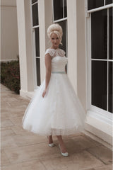 Cap sleeves Lace White Illusion neck Beach Short Wedding Dress-showprettydress