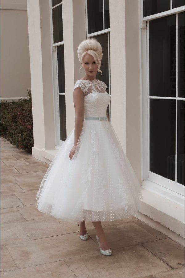 Cap sleeves Lace White Illusion neck Beach Short Wedding Dress-showprettydress