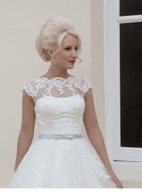 Cap sleeves Lace White Illusion neck Beach Short Wedding Dress-showprettydress