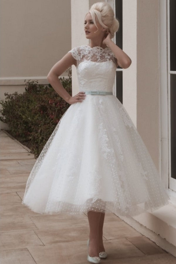 Cap sleeves Lace White Illusion neck Beach Short Wedding Dress-showprettydress