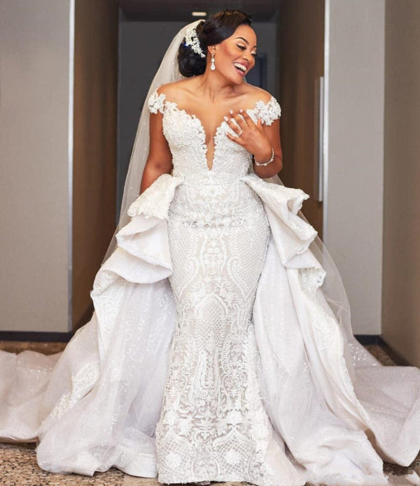 Cap sleeves Mermaid Long Wedding Dresses with Ruffles Overskirt-showprettydress