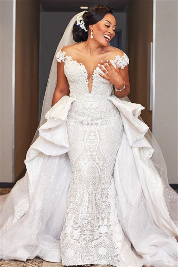 Cap sleeves Mermaid Long Wedding Dresses with Ruffles Overskirt-showprettydress