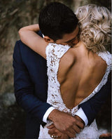 Cap sleeves Modern Backless Lace Ivory Court Train Beach Wedding Dress-showprettydress