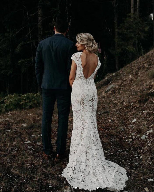 Cap sleeves Modern Backless Lace Ivory Court Train Beach Wedding Dress-showprettydress