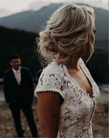 Cap sleeves Modern Backless Lace Ivory Court Train Beach Wedding Dress-showprettydress