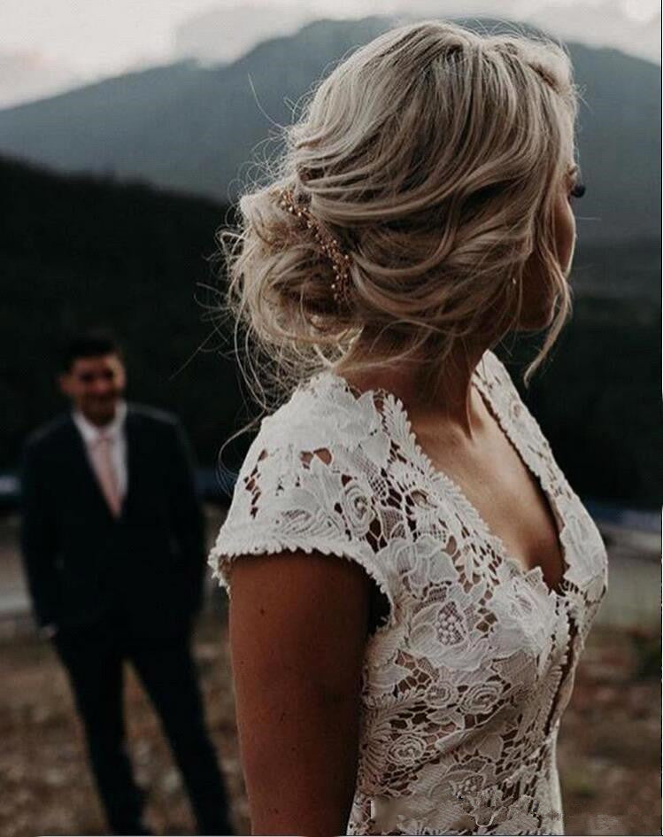 Cap sleeves Modern Backless Lace Ivory Court Train Beach Wedding Dress-showprettydress