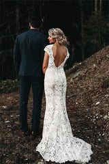 Cap sleeves Modern Backless Lace Ivory Court Train Beach Wedding Dress-showprettydress