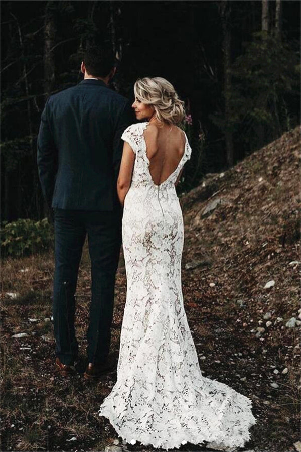 Cap sleeves Modern Backless Lace Ivory Court Train Beach Wedding Dress-showprettydress
