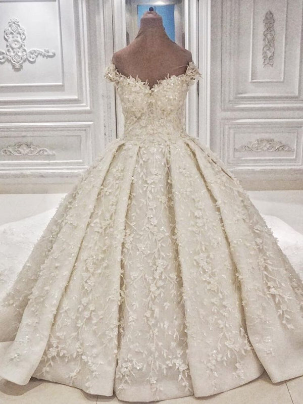 Cap sleeves Off the shoulder Lace Appliques Ball Gown Wedding Dress-showprettydress
