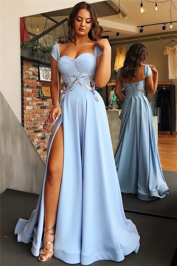 Cap Sleeves Open Back Blue Evening Dress Chic Side Slit Appliques Prom Dresses On Sale-showprettydress