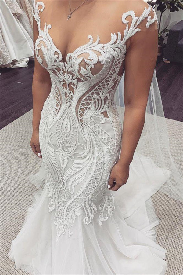 Cap sleeves White Lace Mermaid court Train Wedding Dress-showprettydress