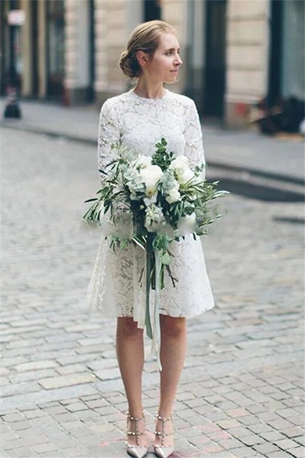 Casual Long Sleevess Lace Summer Short Summer Wedding Dress Online-showprettydress