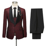 Cesar Burgundy One Button Shawl Lapel Jacquard Wedding Groom Suits-showprettydress
