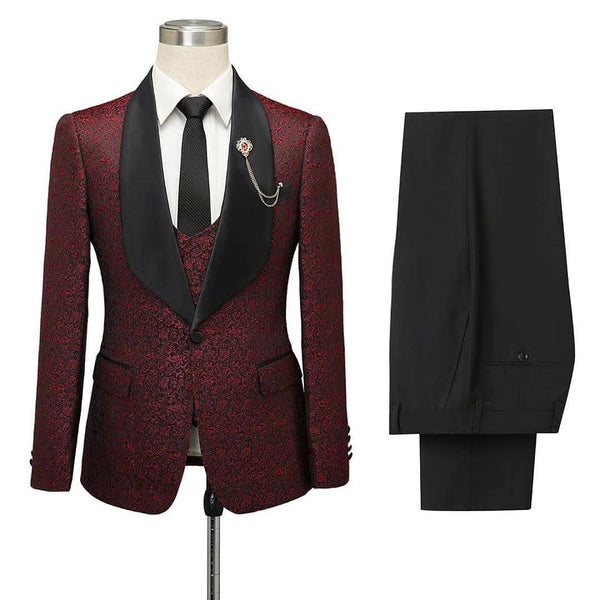 Mens One Button Shawl Lapel Suit Burgundy