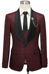 Cesar Burgundy One Button Shawl Lapel Jacquard Wedding Groom Suits-showprettydress