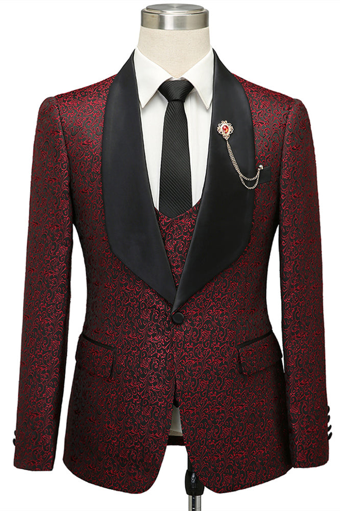 Cesar Burgundy One Button Shawl Lapel Jacquard Wedding Groom Suits-showprettydress