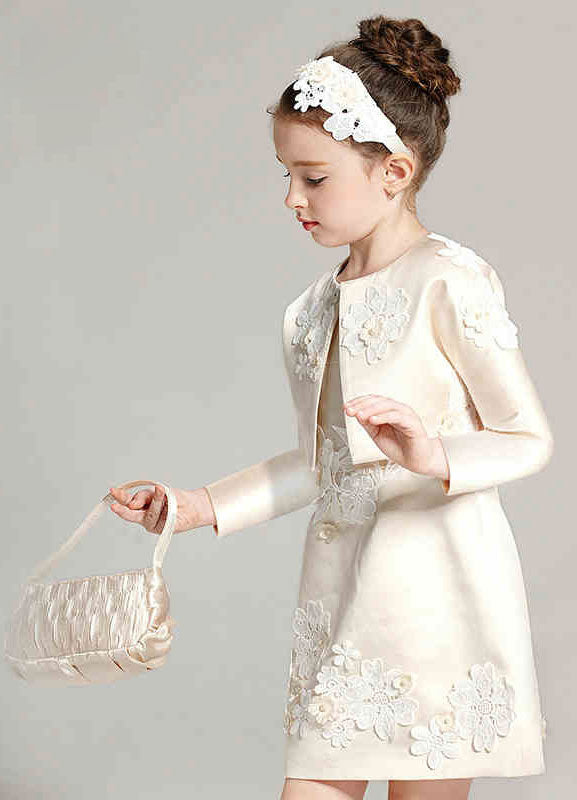 Champagne A-line Flower Applique Beaded Short flower girl dress With Jacket-showprettydress