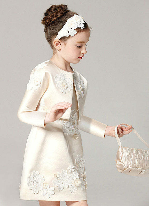 Champagne A-line Flower Applique Beaded Short flower girl dress With Jacket-showprettydress