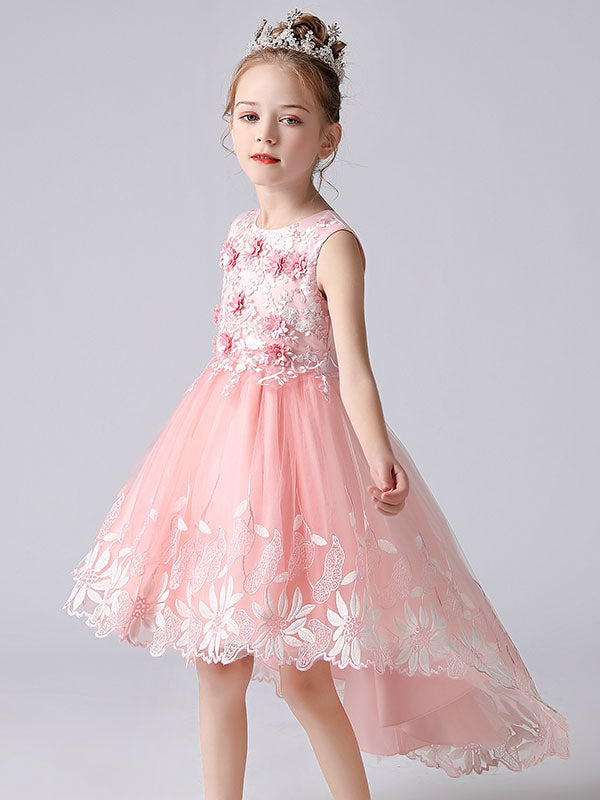 Champagne Color Jewel Neck Sleeveless Flowers Kids Party Dresses Princess Dress-showprettydress