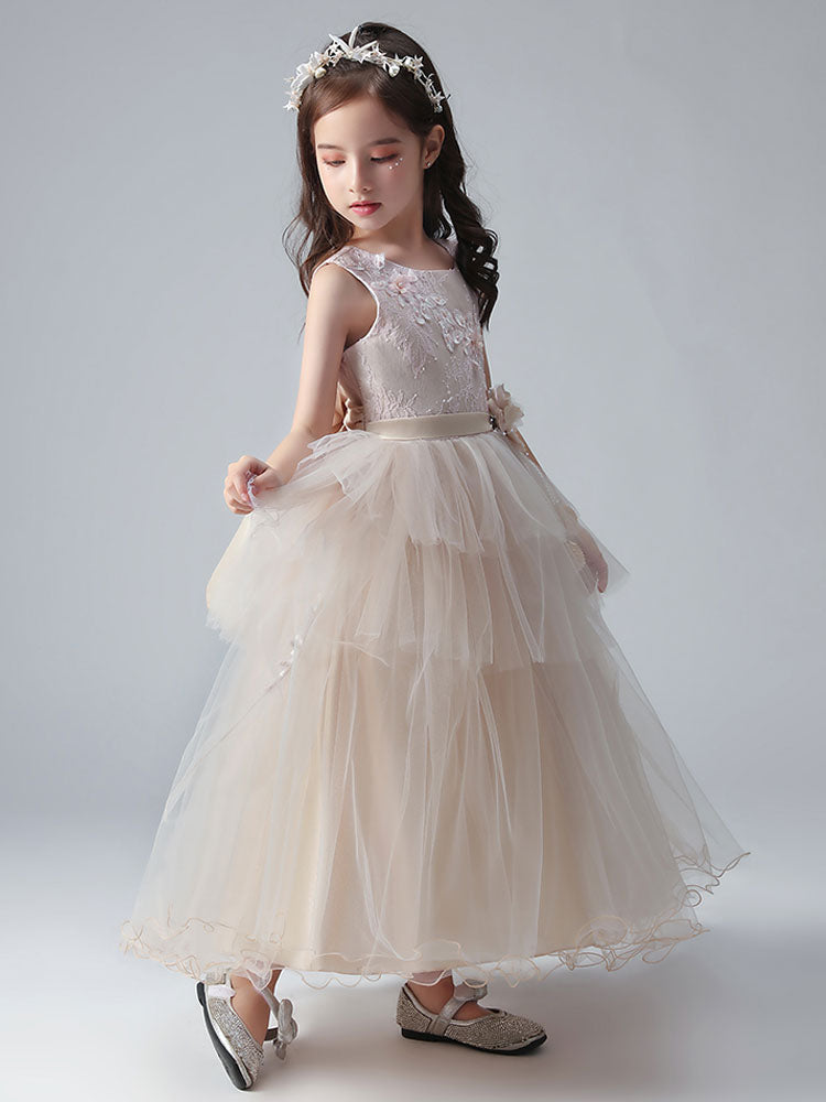 Champagne Color Jewel Neck Tulle Sleeveless Ankle-Length Princess Dress Formal Kids Pageant flower girl dresses-showprettydress