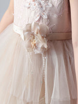 Champagne Color Jewel Neck Tulle Sleeveless Ankle-Length Princess Dress Formal Kids Pageant flower girl dresses-showprettydress