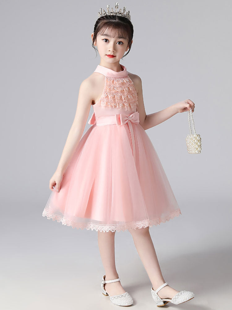 Champagne Designed Neckline Sleeveless Polyester Cotton Tulle Embroidered Formal Kids Pageant flower girl dresses-showprettydress