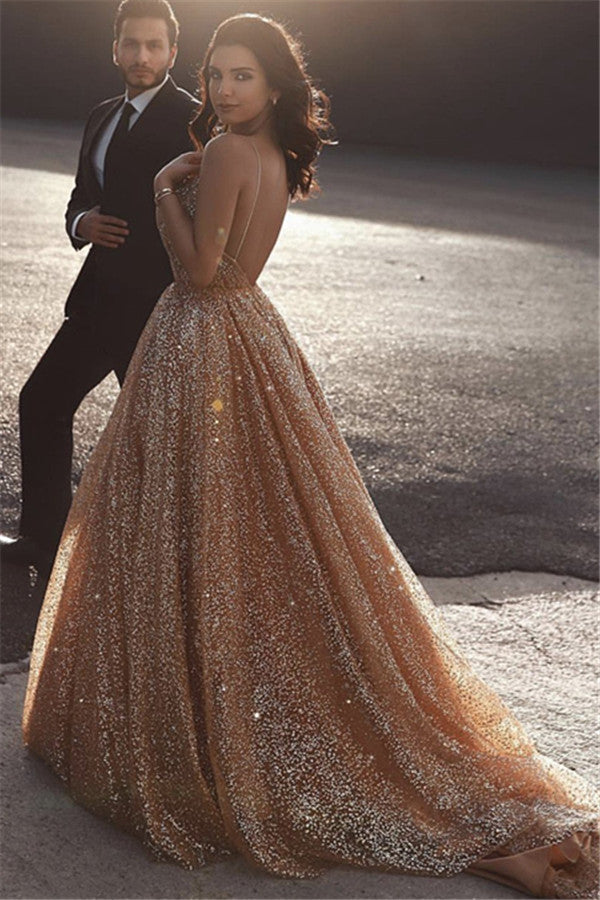 Champagne Elgant A-line Spaghetti Straps Backless Sequins Prom Dresses-showprettydress