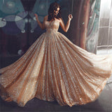 Champagne Elgant A-line Spaghetti Straps Backless Sequins Prom Dresses-showprettydress