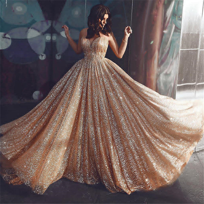 Champagne Elgant A-line Spaghetti Straps Backless Sequins Prom Dresses-showprettydress
