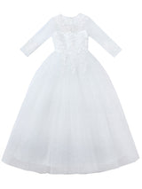 Champagne Jewel Neck Polyester Half Sleeves Ankle-Length A-Line Flowers Kids Party Dresses-showprettydress