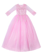 Champagne Jewel Neck Polyester Half Sleeves Ankle-Length A-Line Flowers Kids Party Dresses-showprettydress