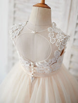 Champagne Jewel Neck Sleeveless Pearls Kids Party Dresses-showprettydress