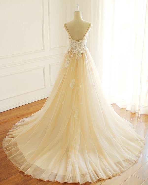 Champagne Long A-line Sweetheart Tulle Spaghetti Sweep Train Wedding Dress-showprettydress