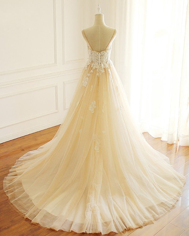 Champagne Long A-line Sweetheart Tulle Spaghetti Sweep Train Wedding Dress-showprettydress