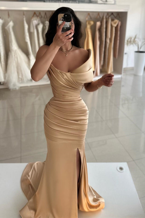Champagne Long Mermaid One Shoulder Prom Dress with Slit-showprettydress