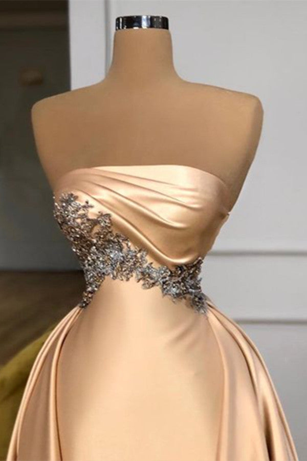 Champagne Long Mermaid Strapless Overskirt Prom Dress With Crystals-showprettydress
