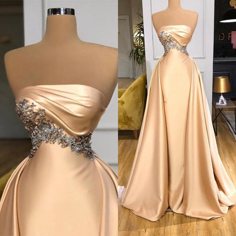 Champagne Long Mermaid Strapless Overskirt Prom Dress With Crystals-showprettydress