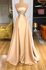 Champagne Long Mermaid Strapless Overskirt Prom Dress With Crystals-showprettydress