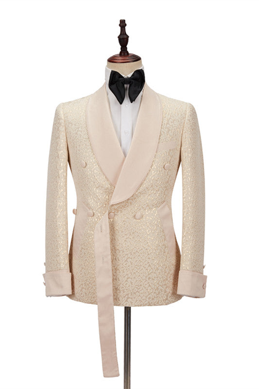 Champagne Shawl Lapel Slim Jacquard Wedding Men Suits-showprettydress