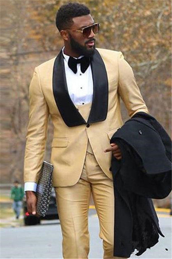 Champagne Three Piece Formal Business Men Suit with Black Lapel-showprettydress