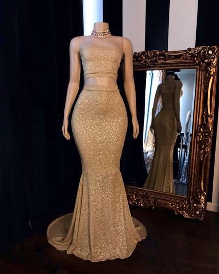 Champagne Two-piece Strapless Long Mermaid Prom Dresses with Choker-showprettydress