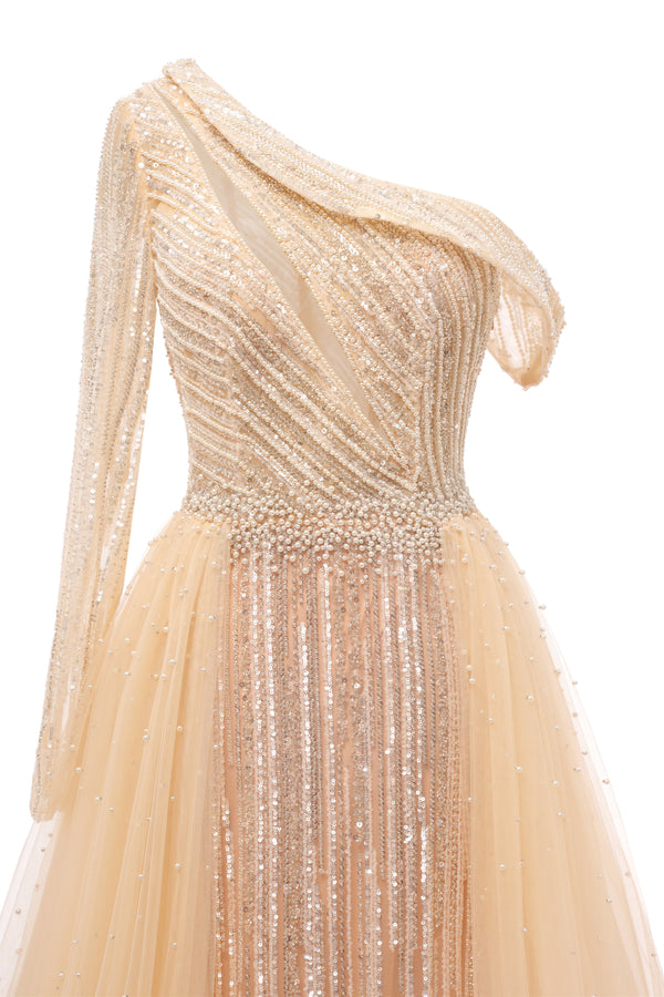 Champange One shoulder Overskirt Beaded Evening Dresses-showprettydress