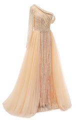 Champange One shoulder Overskirt Beaded Evening Dresses-showprettydress