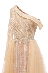 Champange One shoulder Overskirt Beaded Evening Dresses-showprettydress