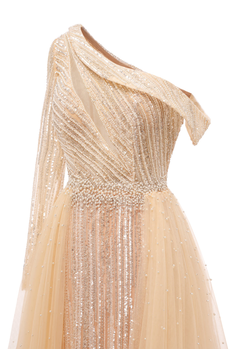 Champange One shoulder Overskirt Beaded Evening Dresses-showprettydress