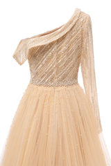 Champange One shoulder Overskirt Beaded Evening Dresses-showprettydress