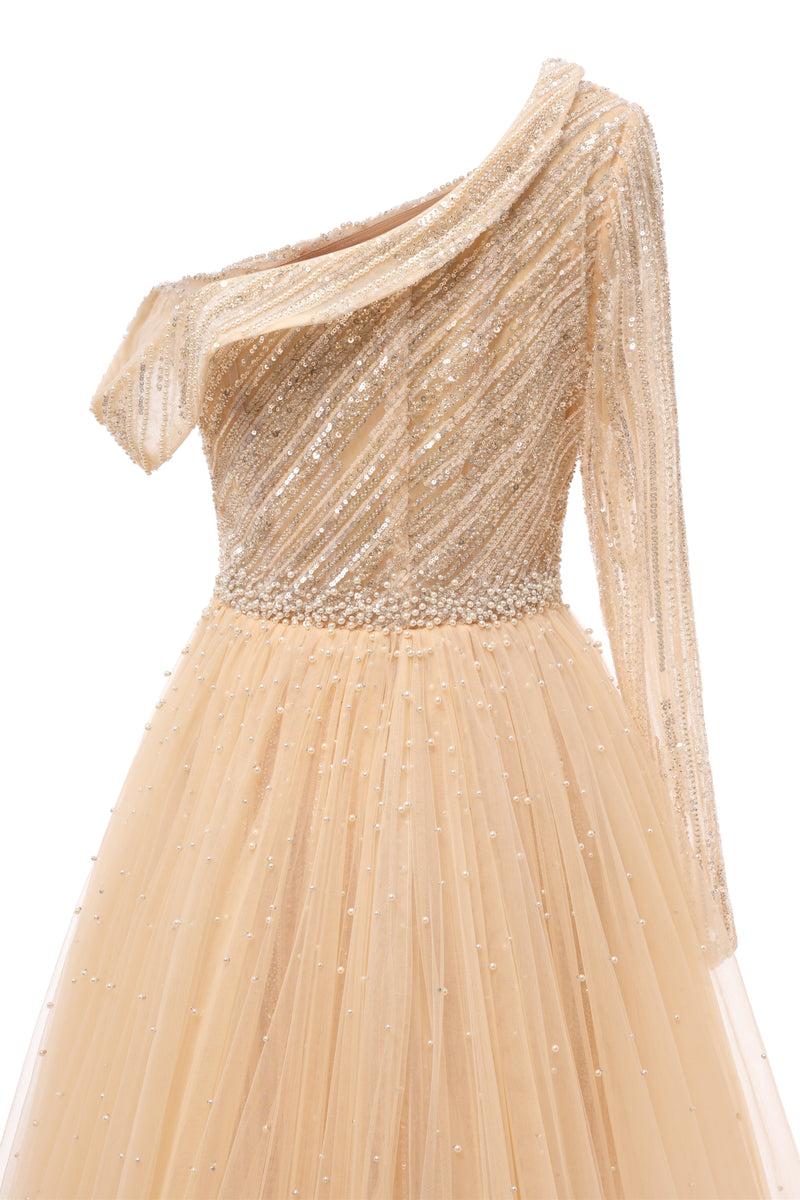 Champange One shoulder Overskirt Beaded Evening Dresses-showprettydress