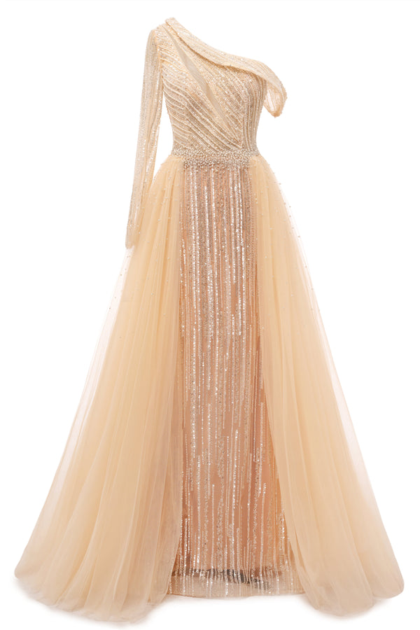 Champange One shoulder Overskirt Beaded Evening Dresses-showprettydress