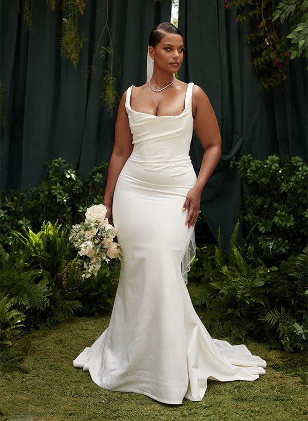 Charmeuse Mermaid Fitted Wedding Dress Cowl Neck Sleeveless Design Sweep Train-Showprettydress
